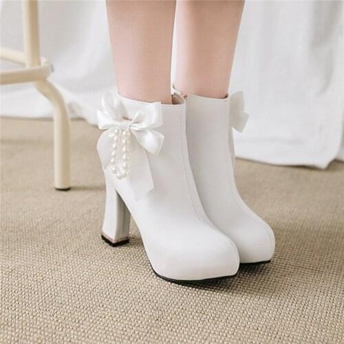 YMECHIC Fashion Bowtie String Bead Platform High Heel Wedding Party Shoes White Black Ankle Boots Pink Beige Lolita Ladies Shoes