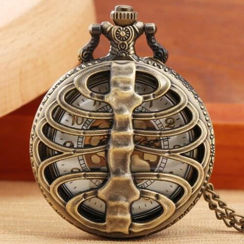 Bronze Antique Skeleton Spine Ribs Hollow Quartz Pocket Watch Skull Steampunk Necklace Sweater Chain Pendant Gifts for Men Women