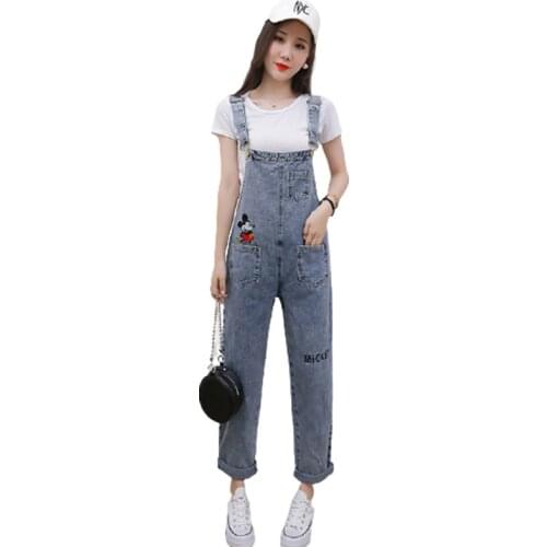 Disney woman Mickey Mouse cartoon fashion casual embroidery denim loose overalls nine-point jumpsuit