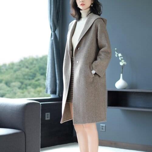 Long woolen blends cashmere coats for women 2019 autumn winter ladies jackets plus size overcoats grey cap double sided