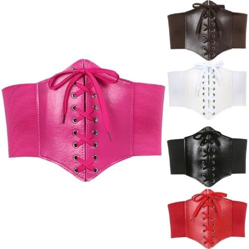 Women Lace-up Elastic Waist Belt PU Leather High Waist Corset Belt Ultra Super Wide Tied Waspie Belt