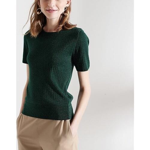 Fine wool clips bright yarns knit women fashion tshirt pullover short sleeve tees sweater Oneck buckle shoulder S/36-XL/42