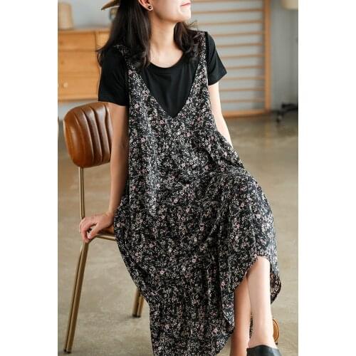 21New Women Dress Suit Summer Sweet Style Printed Loose V-Neck Collar Female Elastic Waist Fashion Clothing