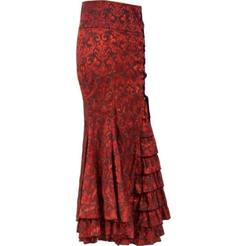 Red Jacquard With Side Corset Accent Layered Look Fishtail Vintage Lace Up Asymmetrical Long Skirts For Womens Outfits