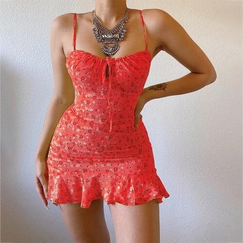 Summer Floral Spaghetti Strap Mini Dress Women Y2K Clothes Plus Size Skinny Bandage Cottagecore Print Beach Dresses 2021 Vestido