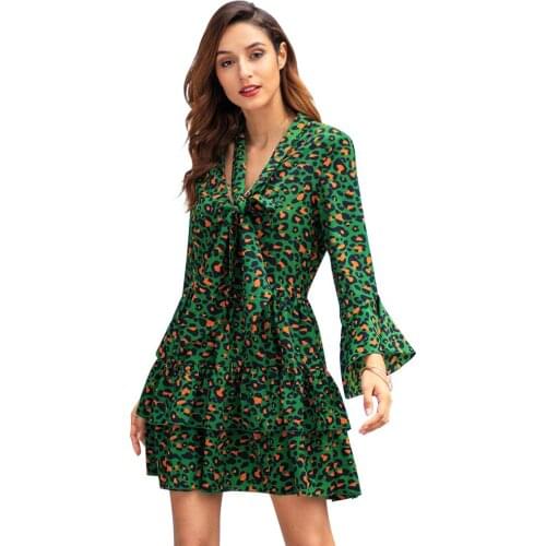 Summer Women Green Leopard Print Dress Long Sleeve Beachwear Slim V Neck Dresses High Waist Mini Sexy Ladies Tops Party Wear Hot