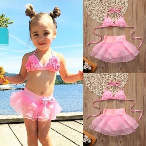 Summer Kids Baby Girls Bikini Set Solid Color Two Piece Floral Swimsuit Toddler Girl Halter Swimwear Bathing Suit Beachwear 1-6Y