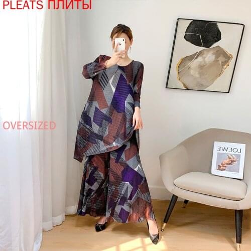 Miyake Pleated Suit 2021 Summer New Printed Wide-Leg Pants + Loose Large Loose Top Two Piece Set Trousers Set Pleats Suit