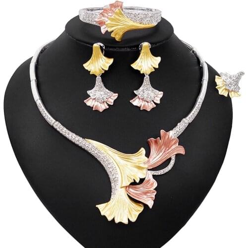Yulaili Fashion Dubai Gold Jewelry Sets Woman Crystal Choker Necklace Dangle Earrings Charm Bracelet Ring Bridal Wedding Gifts
