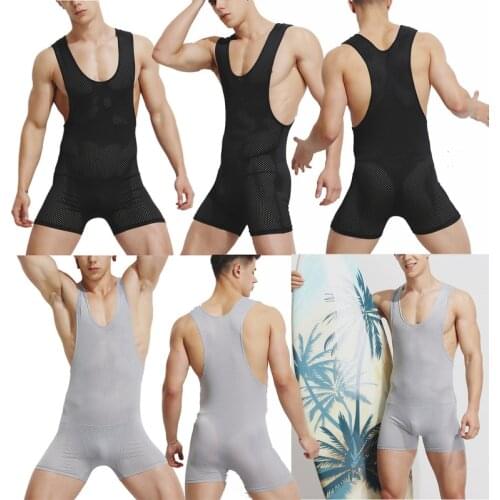 Mens Underwear Fitness Undershirts Mesh See Through Bodysuit Leotard Sports Jumpsuit Wrestling Singlet Beachwear Pajama Homewear