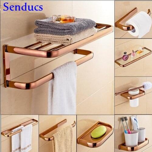Bathroom Hardware Set Senducs Quality Brass Bathroom Towel Rack Rose Gold Paper Holder Toilet Brush Holder Bathroom Hardware Set