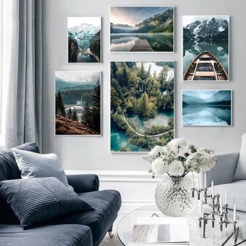 Mountain Lake Boat Canvas Painting Scandinavian Poster Nature Landscape Wall Art Print Nordic Forest Wall Pictures Home Decor