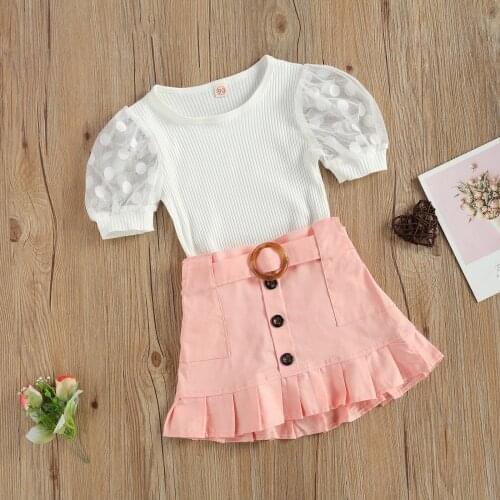 Toddler Baby Contrast Color Two-pieces Set Infant Girls' O-neck Short Sleeve Tops + High Waist Button Decoration Skirt Set