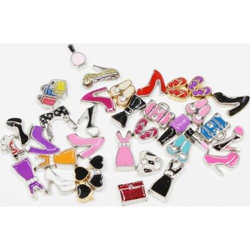 Clothes High Heels Bags Cosmetics Slippers Skating Shoes Enamels Floating Charms For Glass Lockets Memory Pendant Jewelry