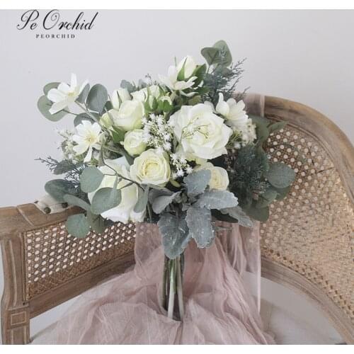 PEORCHID Roses Bride Wedding Bouquet Green&White Bridesmaid Bouquet Holding Flowers Deco Photo Charm Artificial Bridal Bouquet
