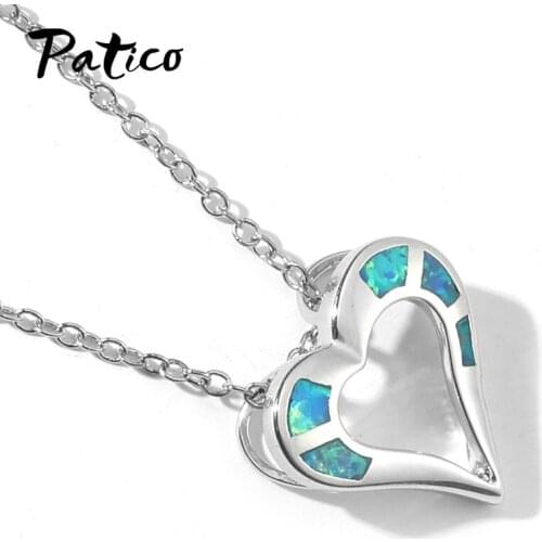 Korean Luxury Crystal Rhinestones 925 Sterling Silver Pendant Necklaces Heart Shape Blue Opal Necklace Statement Jewelry Gift