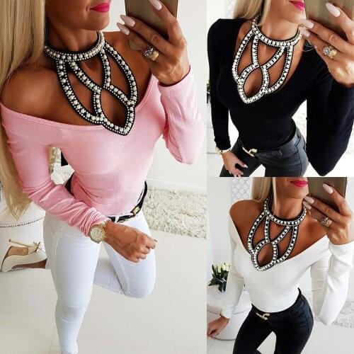 Sexy Halter Hollowed Pearl Nail Bead Thin Sweater Autumn Winter Female Pink Black White Elegant Long Sleeve Slim Low Cut Tops
