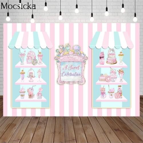 Sweet Dessert Shop Birthday Background Cake Donut Pink White Stripe Child Photography Backdrop Dessert Table Decor Prop Studio