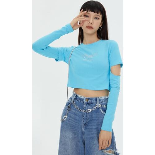 Japanese Harajuku Hip Hop Crop Top T Shirt for Women Black Blue Streetwear Rhinestone Graphic Cut Out Long Sleeve Cotton T-shirt