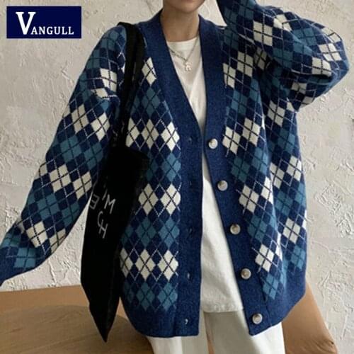 Vangull Vintage Plaid Women Sweater Cardigans Autumn Casual Single Breasted Knitted Sweater Long Sleeve Loose Female Sweater