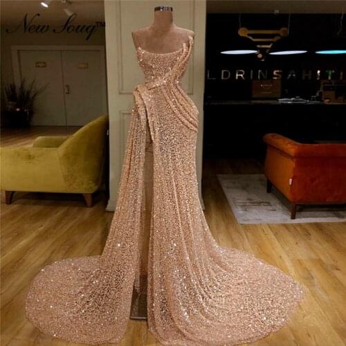 Hot Sexy Sequin Mermaid Evening Dress 2019 New Custom Arabic Dubai Prom Party Dresses Abendkleider High Split Side Formal Gowns