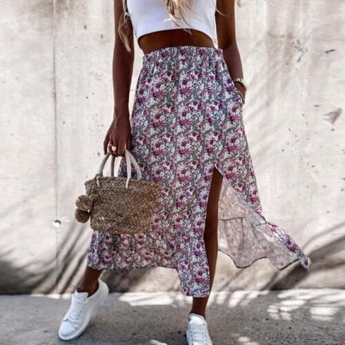 2021 New Fashion Simple Women Floral Print Skirt Summer A-line Ruffle Stitching Polyester Skirt Daily Dating Outdoor Wear