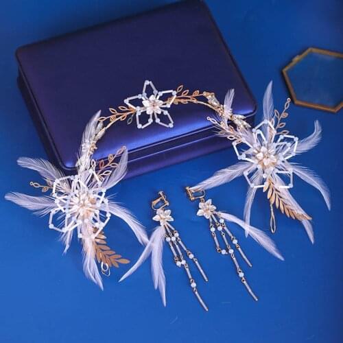 Feather Headband Earrings Sets For Women Fashion Romantic Jewelry Set Elegant Bride Wedding Hairband Fairy Hair Ornament