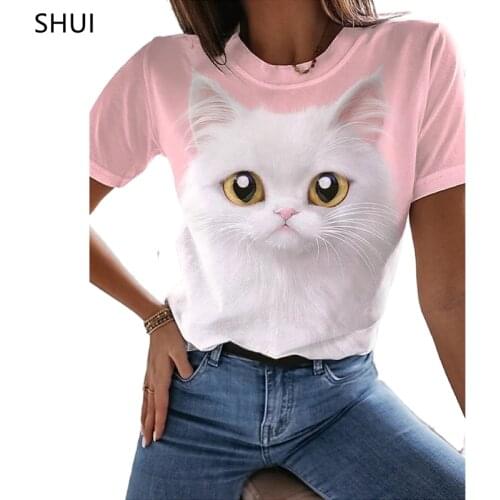 Summer Pink Womens Top Kawaii Cute Cat Love Top Harajuku Short Sleeve Streetwear Blusas Casual Womens Top haut femme élégant