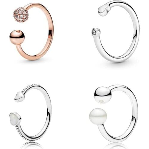 Authentic 925 Sterling Silver Ring Rose Polished & Pave Bead Open Ring With Crystal For Women Wedding Party Pandora Jewelry