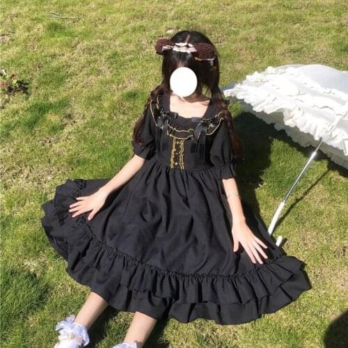 2020 New Lolita Retro Bow Mid-Length Puff Sleeve Cake Dress Womens Summer Fashion gothic lolita dress women kawaii clothing
