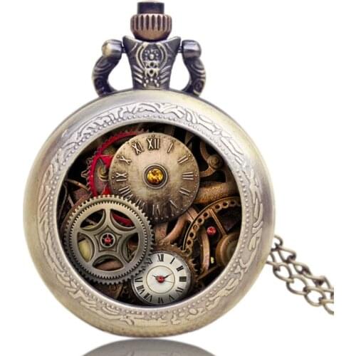 2018 New Arrive Bronze Glass Gear Skeleton Steampunk Pocket Watch Necklace Pendant Gift for Men Woman