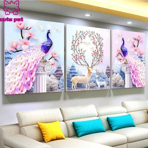 5D diamond painting 2021 new Mosaic triptych painting peacock elk cross embroidery scenic spots crystal diamond embroidery 3PCS