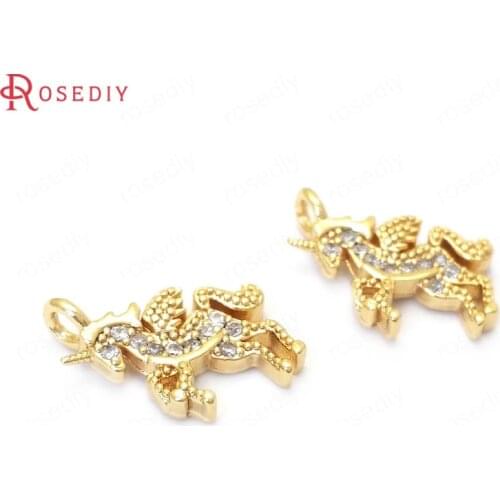 37628)6PCS 11x8.5MM 24K Gold Color Brass and Zircon Horse Charms Pendants Jewelry Making Supplies Diy Findings Accessories