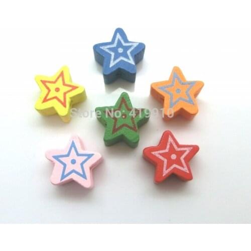 Free shipping-100pcs Mixed Multicolor Cute Flower Star Wood Beads 15x15mm D2007