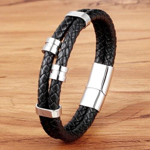 TYO 2019 Geometric Pattern Slide Accessories Combination Stainless Steel Genuine Leather Bracelet For Men Birthday Party Gift