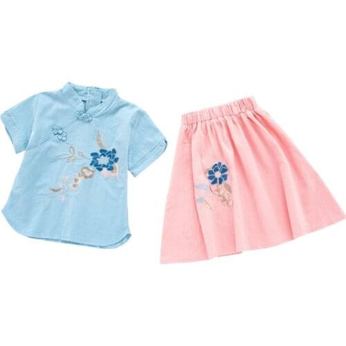 Kids girls short-sleeved suit Chinese clothing shirt + skirt 2pcs suit fashion retro new big virgin suit