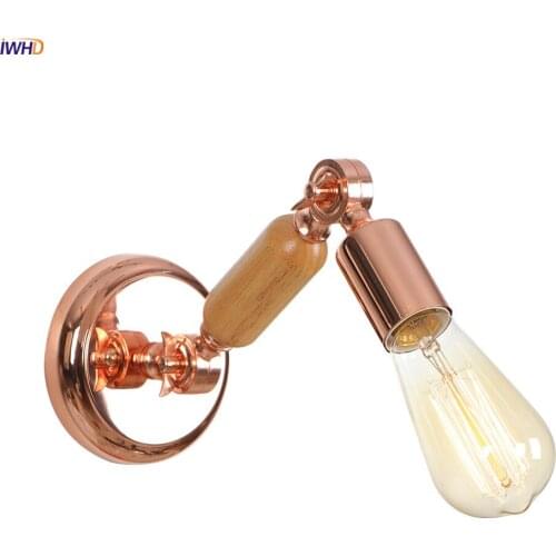IWHD Nordic Rose Gold Eidison Wall Sconce Cafe Bathroom Mirror Stair Light Single Wooden Arm Vintage Wall Lamp Applique Murale