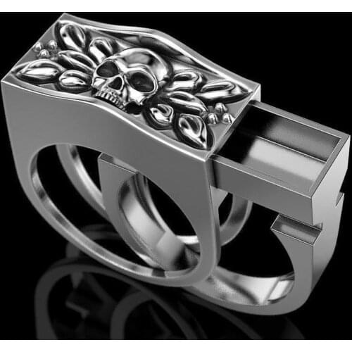 Creative New 925 Silver Skull Set Ring Vintage Punk Thai Silver Stained Black Skull Ring Party Gift Jewelry Ring
