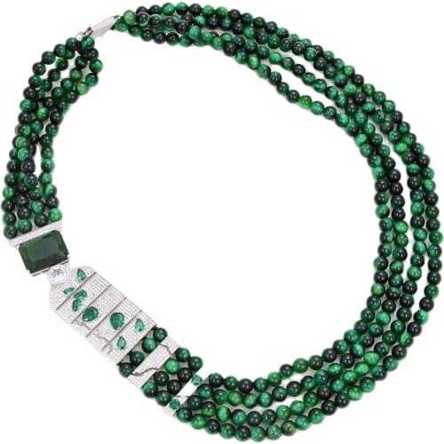 JK Round Natural Green Tigers-Eye Necklace CZ Pave Connector For Women