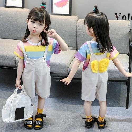 Summer Baby Girls Clothes Set Colorful Striped Short Sleeve T-Shirts+Overalls Suspender Shorts 2Pcs Kids Children Clothing