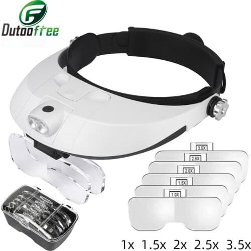 Head-Mounted Illuminating Magnifier with LED Light Repair Tool Magnifying Glass For Jeweler Loupe Craft 1X 1.5X 2X 2.5X 3.5X