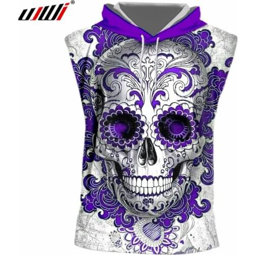 UJWI White Cap Tshirt Men Cool Print Purple Skull Sleeveless Hooded T-shirts Man Hip Hop Sportwears Sleeveless Hoodies Hoody 7xl