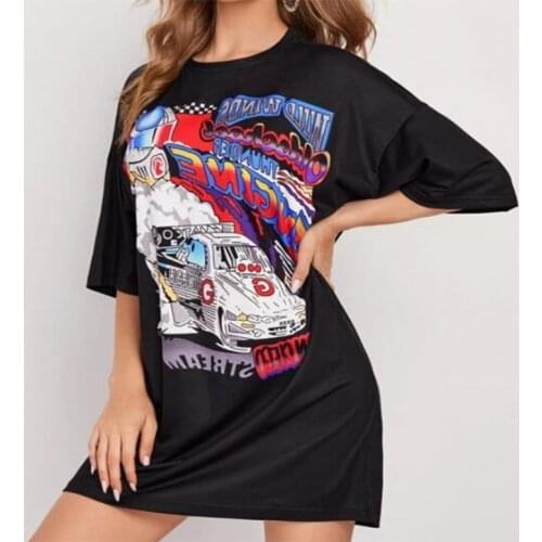 Fashionable O-Neck Tees Ladies Large Size Womens Car Printing Loose Short Sleeve T-Shirt Female Tops
