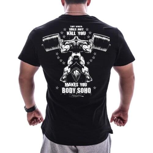 Men Gyms Fitness Workout T-shirt Casual Fashion Print Cotton Black T-shirt Summer Male Brand Clothing Short Sleeve Tees Tops