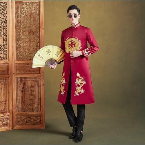 Men Royal Wedding Bridegroom Classic Dragon Embroidery Costume Chinese Style Long Robe Stage Performance Toast Clothing