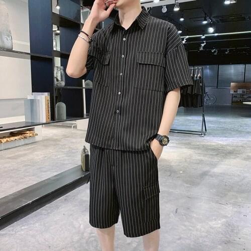 Summer Mens Set Korean Casual Striped Short Sleeve Shirts Knee-length Elastic Shorts Chest Pockets