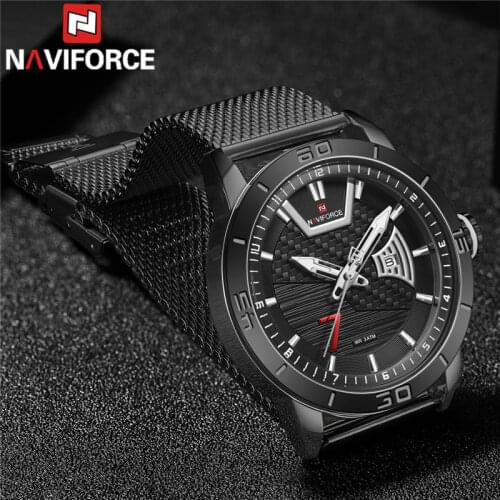 NAVIFORCE Men Watch Sport Waterproof Top Brand Luxury Man Wristwatch Military Black Mesh Stainless Steel Quartz Male Clock 9155