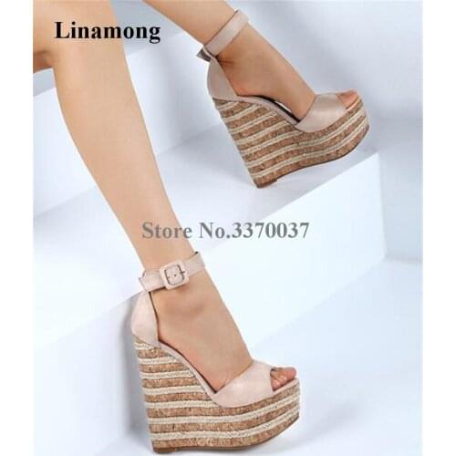 2018 Summer New Style Suede Leather Ankle Strap High Platform Wedge Sandals Fashion Super High Straw stripe Heel Wedge Sandals