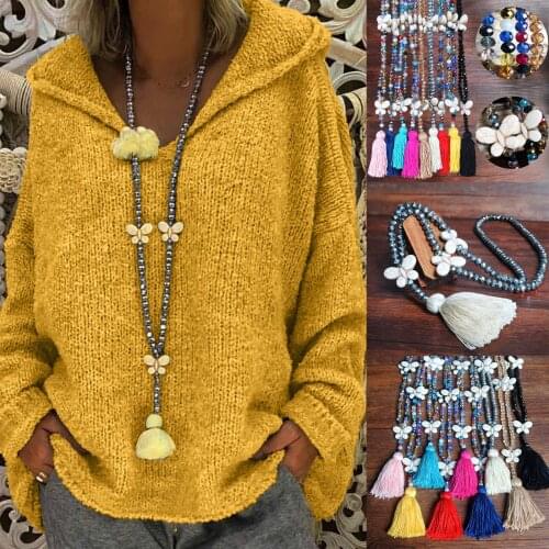 Otoky womens tassel Color Crystal Necklace Turquoise bow sweater chain pendant collares para mujer 2021 Necklaces