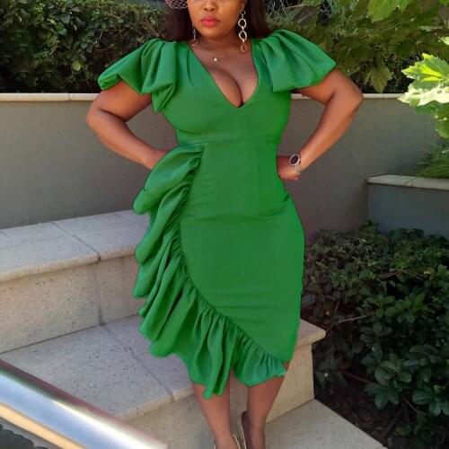 Dress for Women Summer 2021 New Midi V Neck Ruffles High Waisted Bodycon Elegant Fashion Evening Night Party Vestidos Dress Hot